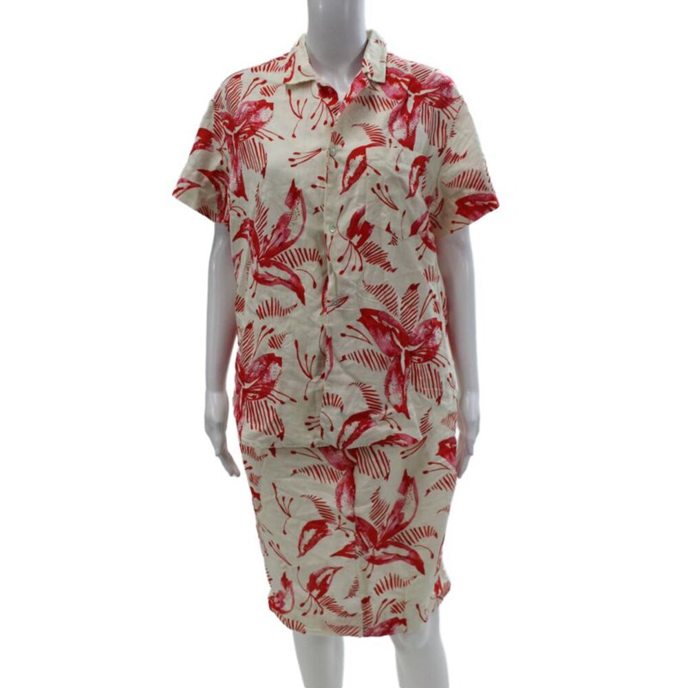 Sigal Women Beige Floral Collared Short Sleeve Cotton Set Button Summer Size M